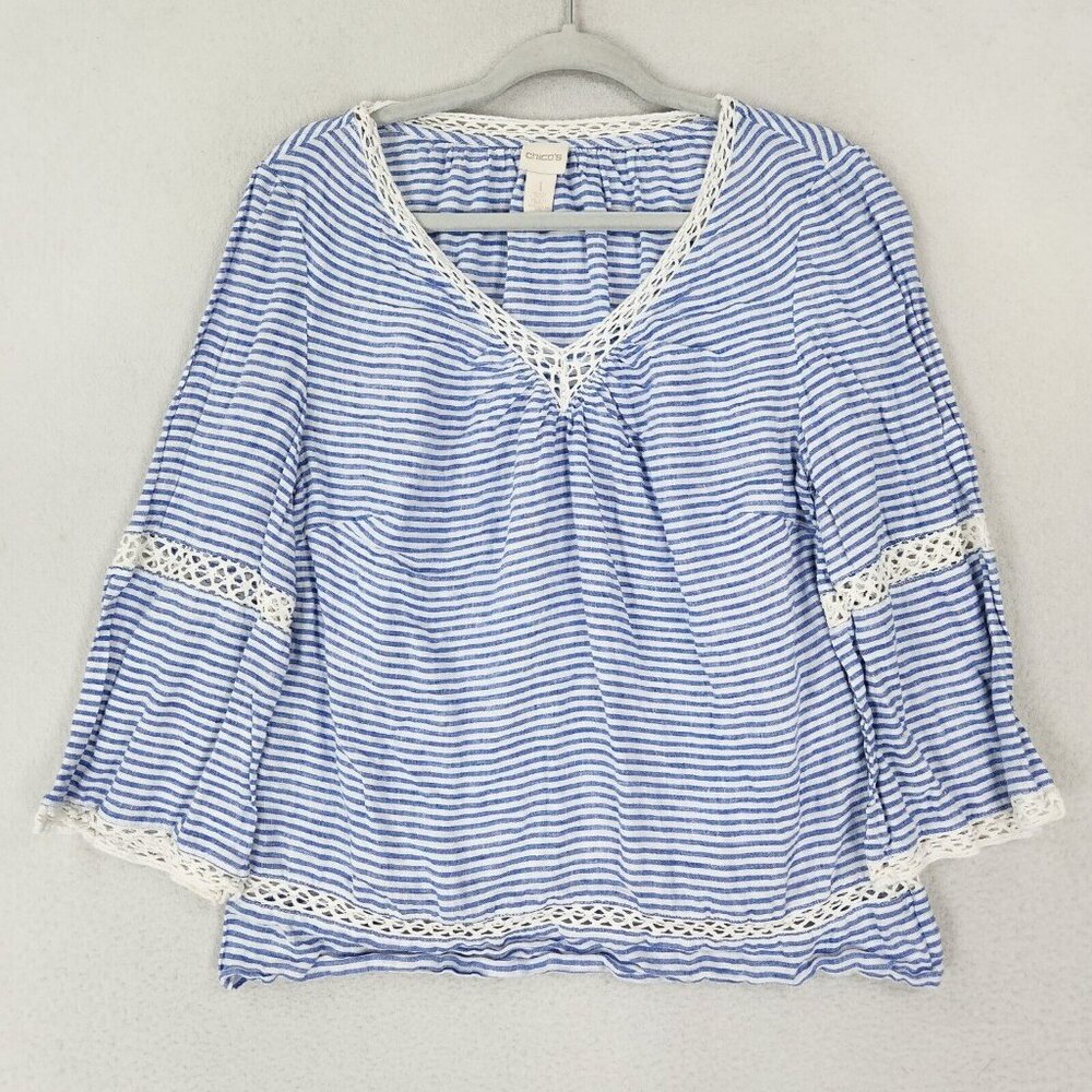 Chicos Shirt Womens 1 Blue White 8 Striped Linen V Neck 3/4 Sleeve Lightweight